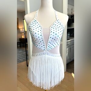 balera White Dance Costume with Teal Rhinestones and Fringe